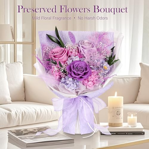 Preserved Bouquet of Flowers - 3 Roses & Flowers for Delivery, Long-Lasting Real Lavender Forever Flowers, Mothers Day Gifts for Mom Grandma Wife, Anniversary Birthday Gifts for Women - color: Purple