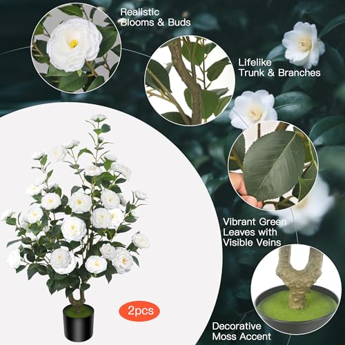 2Pack 39.37"/3.28FT Artificial Camellia Trees with 32 White Flowers in Cement Pots – Lifelike Fake Trees for Front Porch, Home, Indoor Outdoor Spring Decor, Office or Housewarming Gifts - color: White, size: 3ft 3inx2