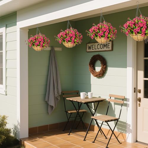 Artificial Hanging Flowers for Outdoors with Basket,UV Resistant Realistic Faux Hanging Plants Outdoor Artificial Flowers for Outdoors Basket for Yard Porch Patio Home Decor,12 Bundles(Rose Red) - color: Rose Red