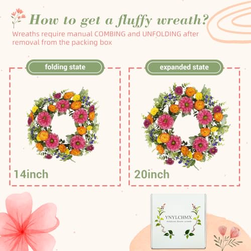 YNYLCHMX 20 inch Spring/Summer Front Door Ring Wreath, Simulated Colorful Daisy Petals, Suitable for Wall Window Farm Parties, Festivals, Home Decoration - color: Mixed Daisy