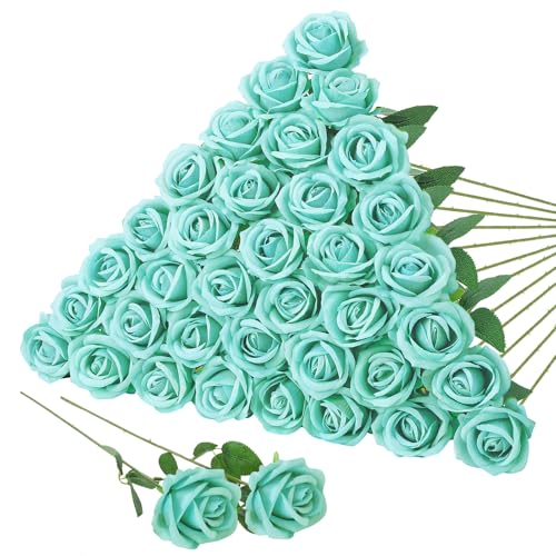 36 Pcs Velvet Texture Turquoise Artificial Flowers Bridal Bouquet, Fake Rose Long Stem Realistic Flowers Bulk for Valentine's Day Wedding Bouquet Ball Arrangement Centerpiece Party Home Decor - color: Turquoise
