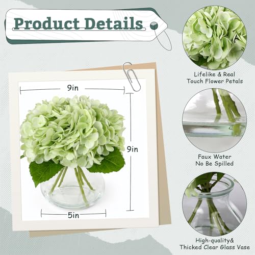 Real Touch Artificial Hydrangea in Vase,Premium Faux Flowers with Faux Water for Home Decoration,Coffee Table,Wedding,Green Fake Hydrangea with Vase for DIY Floral Arrangements - color: Green