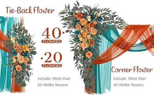Wedding Arch Flowers with Drapes Kit (Pack of 4) - 2pcs Artificial Teal Orange Fall Deluxe Swag with 2pcs Sheer Drapes for Wedding Ceremony Arbor Reception Backdrop Rose Floral Decoration - color: Teal & Burnt Orange