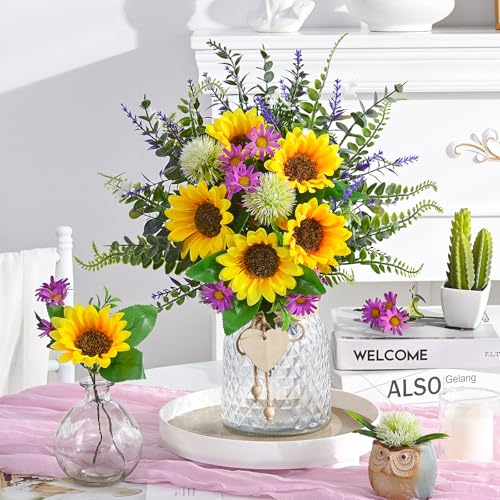 MARTINE MALL Fake Flowers in Vase, Sunflowers Artificial Flowers, Faux Flowers in Vase Centerpiece Table Decorations Silk Sunflower Bouquet Table Centerpieces for Dining Room Coffee Table Decor - color: Yellow Sunflower