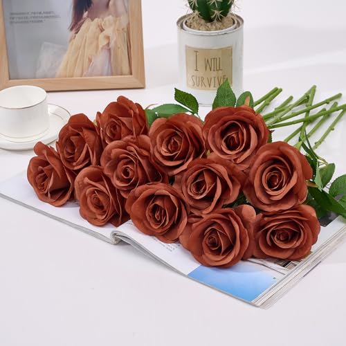 60 PCS Fake Burnt Orange Roses, Artificial Burgundy Flowers Bulk Realistic Silk Faux Rose with Stems for Wedding Decoration Anniversary Bridal Bouquet DIY Floral Arrangement Romantic Home Decor Gifts - color: Burnt Orange