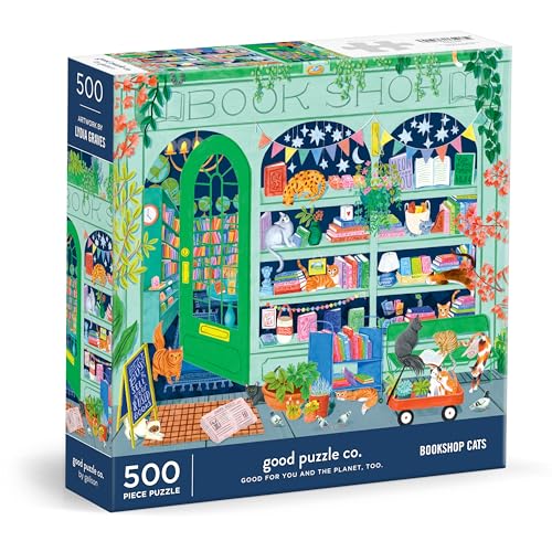 Good Puzzle Co Bookshop Cats – 500 Piece Jigsaw Puzzle Featuring Beautiful Artwork of A Cozy Bookshop Storefront with Cats - color: Bookshop Cats