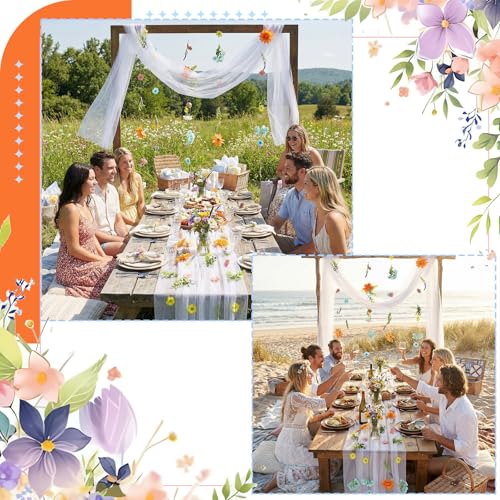6 Pcs 35.4 Inch Artificial Pastel Flower Garlands with 3 Pcs 10 Ft Wedding Tulle Table Runner Wildflower Vines Floral Table Runner Garlands for Wedding Bridal Shower Spring Tea Party - style: Vibrant Wildflower