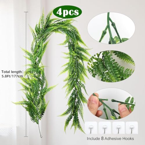 RECUTMS 4Pcs 5.8Ft Ferns Garland Fake Ivy Vines Artificial Hanging Plant Faux Boston Ferns Greenery Leaves Fake Vines for Summer Outdoor Indoor Home Garden Wedding Graduation Table Wall Decor(Green) - color: Green-fern4pcs