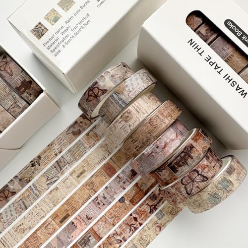 Vintage Washi Tape Set 8 Rolls Thin Retro Decorative Antique Patterns Masking Tapes for Arts, DIY Crafts, Journals, Planners, Scrapbook, Wrapping (Junk Books) - color: Junk Books