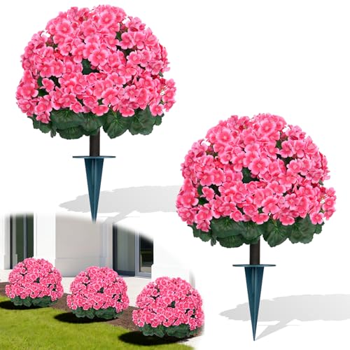 Artificial Begonia Topiary Trees Set of 2, Pink Fake Shrubs Bushes with Ground Spike, Faux Evergreen for Porch Plants, UV Resistant Artificial Flowers for Outdoors Indoor Front Garden - color: Pink Crabapple Blossoms