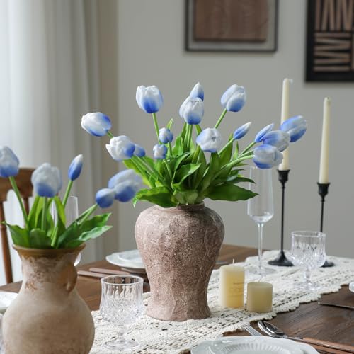 mizii 15Pcs Blue Tulips Artificial Flowers Latex Plastic Real Touch Fake Tulips Flowers Look Real Faux Tulip Flower Bouquet Decoration for Vase Room Table Centerpieces Home Decor (White Blue) - color: White Blue