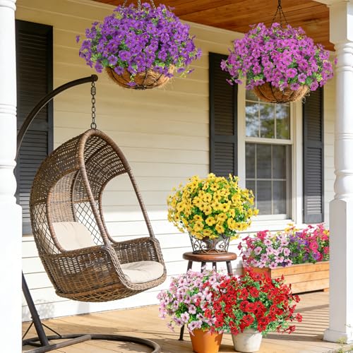 Roberly Artificial Flowers for Outdoors, UV Resistant Silk Fake Daisy Flowers with Eucalyptus Greenery Stems Faux Plastic Plants for Spring Summer Patio Garden Home Decor, 18 Bundles, Mixed Color - color: Multi Color
