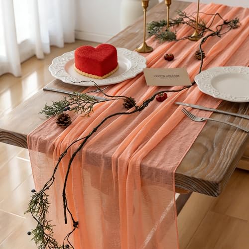 Keketoarrange 6pcs Fresh Salmon Cheesecloth Table Runner Valentines Decor Peach Echo Gauze 120 Inch 10 FT Boho Table Runner for Wedding Baby Shower Bridal Shower Party Sheer Spring Home Decorations - color: Coral Peach, size: 35"x120"(Pack of 6)