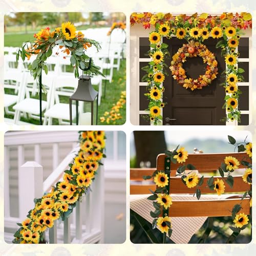 BonBloom's 2 Pack Sunflower Garland Decor,7.5ft Artificial Sunflower Vines,Silk Sunflowers with Green Leaves,Fake Sunflowers for Wedding Birthday Party Bathroom Home Wall Decor - color: Sunflower, size: 2 Pack