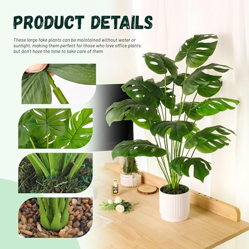Der Rose 28" Fake Plants Large Artificial Monstera Faux Potted Plants Indoor Tall for Outdoor Living Room House Floor Front Porch Tree Decor (Pack of 2) - size: 28" (Pack of 2)