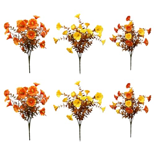 6 Pcs Artificial Fall Flowers 13.7 Inch Faux Autumn Floral Stems Mixed Burnt Orange Fake Bouquet Thanksgiving Table Centerpiece Home Decor - color: Orange Yellow