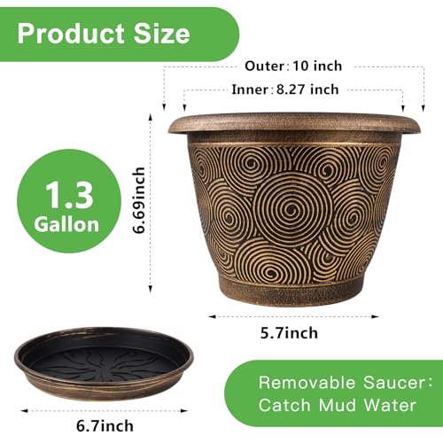 Fodetyff 10 Inch Flower Pots Planters for Indoor Outdoor Plants, 3 Pack Plastic Large Plant Pots with Drainage Hole & Tray, Modern Decorative Garden Pot with Saucer, Plant Container for House - color: Gold, size: 10 inch-3 pack