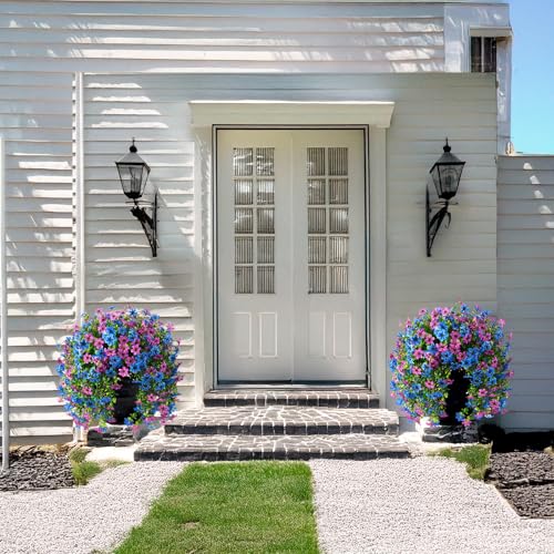 Artificial Fake Hanging Flowers Plants for Outdoor Spring Decoration, 2 PCS Faux Silk Daisy Flower UV Resistant Look Real for Outside Patio Porch Garden Balcony Yard Home Summer Decor(Perple Blue) - color: Purple Blue