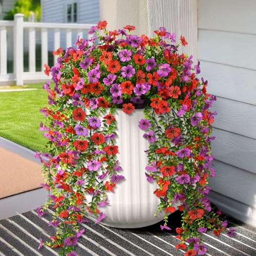 Hommyea Artificial Hanging Flowers for Outdoors, 2 Pcs Fake Hanging Plant Spring Summer Decor, UV Resistant No Fade Faux Silk Daisy Flower for Planter Front Door Porch Patio Yard Garden(Red Purple) - color: Purple Red