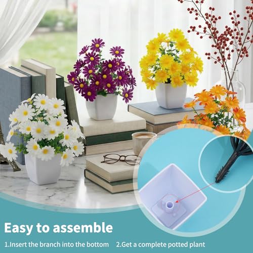 LOYWREE 4 Pack Small Artificial Mums Flowers in White Pots, Fake Mini Potted Plants, Spring Floral Decor for Home Bathroom Shelves Office Desk Table Centerpiece Indoor Decoration - color: Mums-white Pot, size: White Pot