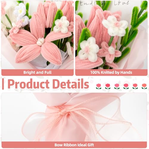 Completed Pipe Cleaners Flowers Bouquet, Pink Handmade Pipe Cleaners Bouquet, 3 Tulip 1 Lily 13 Daisy 17 PCS for Valentine’s Day Mother's Day Birthday Anniversary Wedding Home Decor Gifts - color: (Pink） Tulip Lily