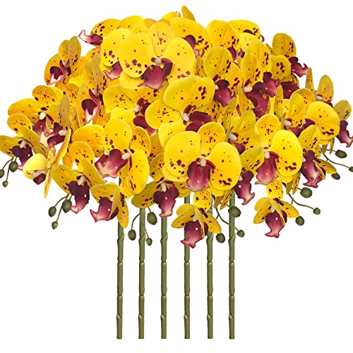 FagusHome 32 Inch Artificial Phalaenopsis Flowers 6 Pcs Artificial Orchid Flowers Stem Plants for Home Décor (Yellow Piebald) - color: Yellow Piebald