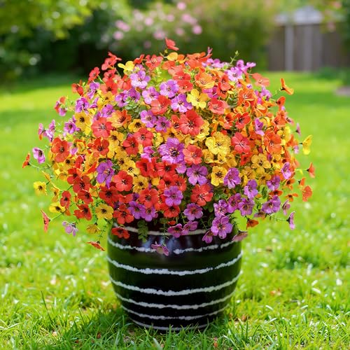 Artificial Flowers for Outdoors - UV Resistant & Fade-Resistant Fake Flowers, 10 Bundles Waterproof Faux Flowers for Garden, Yard, Patio, Wedding & Home Decor (White.Blue.Red.Yellow) - color: White Blue Yellow Red