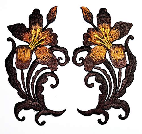 1 Pair Asian Brown Orchid Flowers Floral Bouquet Boho Embroidered Appliques Iron-ons Patches DIY Crafts Embroidery Projects Clothing