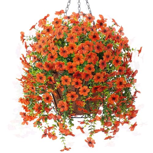 Ammyoo Artificial Hanging Flower with Basket for Fall Decor, Fake Mums Plants Uv Resistant Faux Silk Daisy Flowers No Fade for Outside Garden Porch Patio Autumn Decoration(Orange) - color: Dyellow