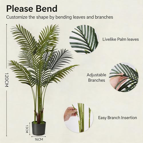 4ft Faux Areca Palm Tree Potted Realistic Tropical Silk Plant | Realistic 120cm Golden Cane palm for Home Garden Office Store Decoration UV protected maintenance free silk floor greenery - size: Palm Tree 120cm