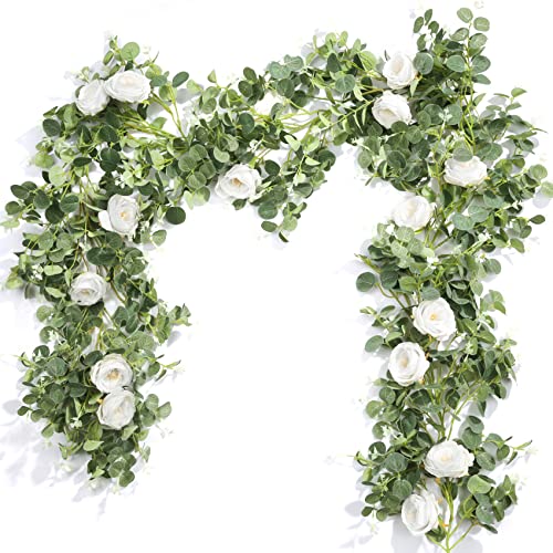 Der Rose 4 Pcs 26FT Artificial Flower Garland, White Rose & Eucalyptus Floral Garland, Faux Flower Vine for Wedding Table Runner Arch & Backdrop Decor - color: White 4 Pcs