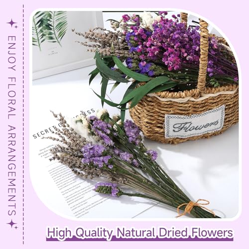 2 Pack Large Dried Flower Bouquets 15.7 inch Lavender Baby Breath Forget Me Not Boho Wedding Decor DIY Home Decorations Preserved Floral Arrangement Gifts Purple, White - color: Purple, White