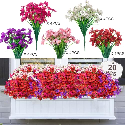 Colorful 20 Bundles Artificial Flowers for Outdoors,MixColors Fake Silk Flowers with Plastic Plants for Outside,Faux mums Realistic Flowers for Window Box Yard Fuchsia Balcoy Dector (Mixed Color) - color: Mix-color Colorful Mixcolors Multi-coloured