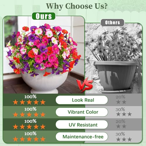 MARTINE MALL 12 Bundles Look Real Artificial Flowers for Outdoors, Realistic Fake Outdoor Flowers, UV Resistant Silk Petunia Flowers for Outside Faux Flowers Plants for Outdoor Porch, Mix Colors - color: Mix Colors (Fuchsia, Purple, Red, Pink), size: 12 B
