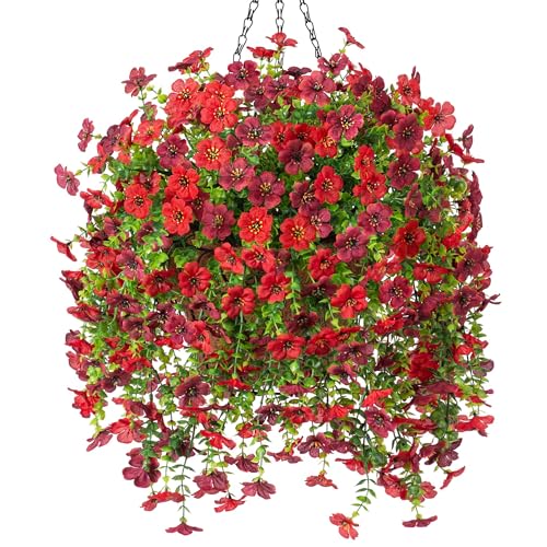 Ammyoo Artificial Fake Hanging Flowers Plants with Basket for Outdoor Spring Decoration, Faux Silk Daisy Flower Real Touch UV Resistant for Outside Porch Patio Garden Yard Home Decor(Red Brown) - color: Red Brown
