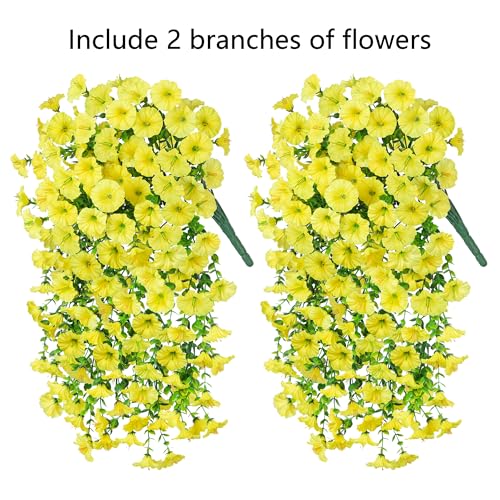 2 PCS Artificial Fall Faux Hanging Flowers Plants for Outdoor Decor,Fake Silk Morning Glory with Eucalyptus UV Resistant Realistic Mums Trailing Vines for Wall Home Porch Patio Balcony Yard,Yellow - color: Yellow