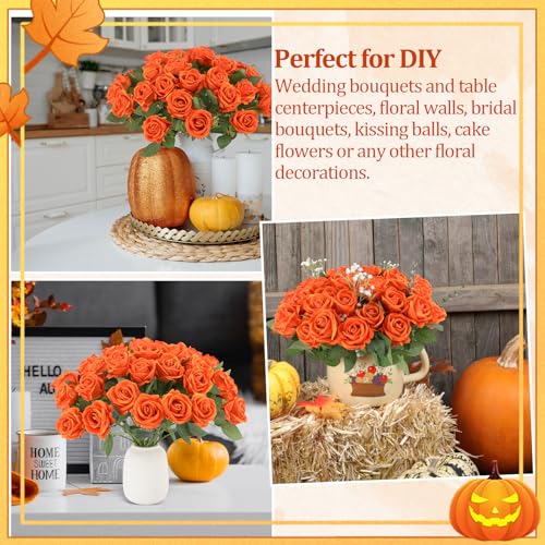 36 Pcs Velvet Burnt Orange Artificial Flowers Bouquet, Fake Rose Long Stem Realistic Fall Bridal Shower Decorations Bulk for Halloween Thanksgiving DIY Wedding Ball Arrangement - color: Orange