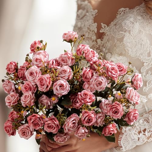 Artificial Rose Flowers for Outdoor 4 Bundles Rose Bouquet with Daisy Faux Flowers UV Resistant for Home Indoor Outside Garden Porch Window Box Balcony Yard Porch Fall Decor (Pink) - color: Pink