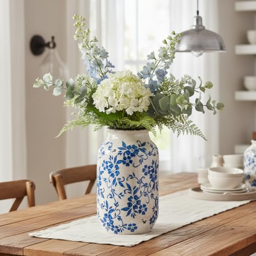Blue and White Vase, Ceramic Flower Vases, Rustic Vintage Chinoiserie Vase for Home Decor, Farmhouse Decor, Shelf, Living Room, Bedroom, Table Decoration, 9 inch, Blue and White - color: Blue and White