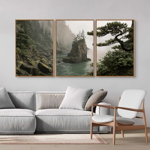 Rantodecor Coastal Forest Framed Canvas Wall Art, Pacific Northwest Coast landscape Wall Decor, Nature PNW Mountain Sea Art Paintings, Sage Green Pine Artwork for Bedroom Living Room Office 24"x36"x3 - color: Coastal Forest, size: 36"x24"