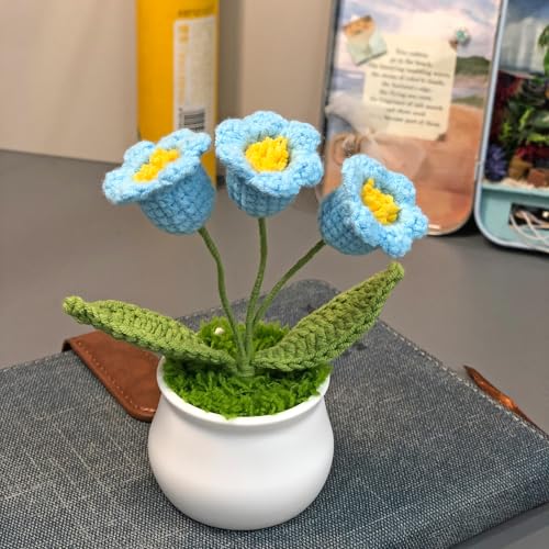 Joekaran Crochet Flowers Cute Little Potted Flower, Gift for Birthday, Teacher’s Day, Graduation, Anniversary, Christmas, Decor for Car Dashboard,Home Office Decoration (Blue Lily of the Valley) - color: Blue Lily of the Valley