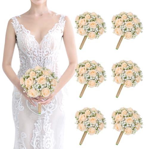 Wedding Bridesmaid Bouquets Set of 6 - 7 Inch Artificial Flower Bouquet for Bridesmaid, Silk Champagne White Rose Fake Small Bouquet Handmade for Wedding Bridal Shower Party Ceremony Anniversary Decor - color: Champagne, size: Set of 6 Bridesmaid Bouquets