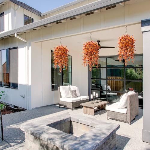 Homsunny Fall Artificial Fake Mums Hanging Flowers Plants Basket for Outdoor Decoration,Faux Silk Daisy planters UV Resistant Look Real for Home Porch Patio Balcony Yard Autumn Decor (Orange Brown) - color: Orange Brown
