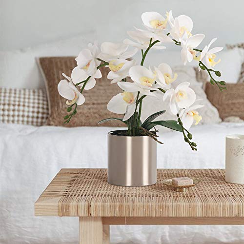 LESING Potted Artificial Orchid Flowers,Real Touch White Fake Artificial Orchid Flower in Silver Vase Arrangement for Table Living Room Decoration (White,Silver Vase) - color: White,silver Vase