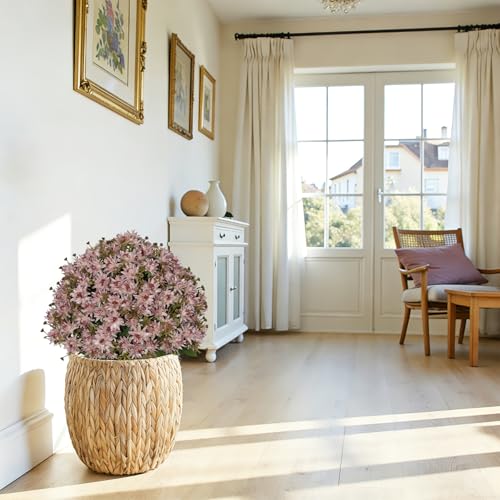 24” Artificial Flowers for Outdoors, Set of 2- UV Resistant Look Real Faux Purple Mums with Cement Pots, Realistic Fake Plastic Plants for Front Porch Planter Entryway Indoor Decor - color: Daisy Pink Lavender