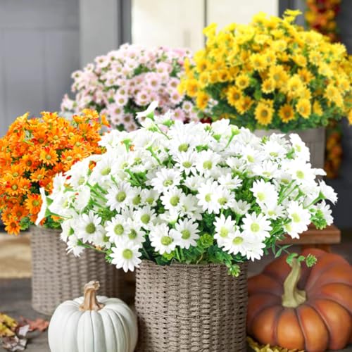 10pcs Outdoors Artificial Mum Flowers UV Resistant Daisy Fake Silk Chrysanthemum Greenery Faux Eucalyptus Plants for Spring Summer Garden Patio Window Box Planter Home Decor(White) - color: White