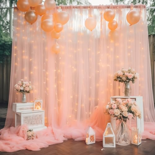 10ft x 8ft Peach Backdrop Curtain with Lights String for Parties, Sheer Tulle Wedding Photo Backdrops Drapes for Baby Shower Birthday Party Decorations Background for Photography - color: Peach, size: W5' x H8'(2 panels)