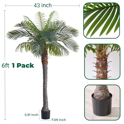 6FT Artificial Coconut Palm Tree, 1 Pack, UV Resistant Faux Sago Palm Plant for Indoor Outdoor, Realistic Large Tropical Decor for Home Office Patio Poolside Garden, Ready to Use in Cement Pot - color: 6ft - 1 Pack, size: 6ft