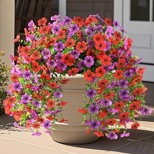 INQCMY 2Pcs Artificial Fake Hanging Flowers for Outdoors UV Resistant Artificial Plants for Spring Summer Decor Look Real Faux Flowers for Outside Home Planter Porch Patio Decor - color: Red Purple