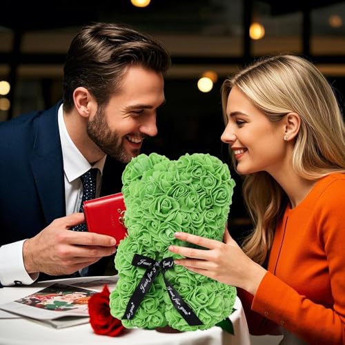 DuHouse Rose Bear Rose Teddy Bear Flower Gift Box for Valentines Gifts Anniversary Christmas,Birthdays Bridal Showers -Fully Handmade 10 inch Flower Bear Clear Gift Box(Green with Necklaces) - color: Green